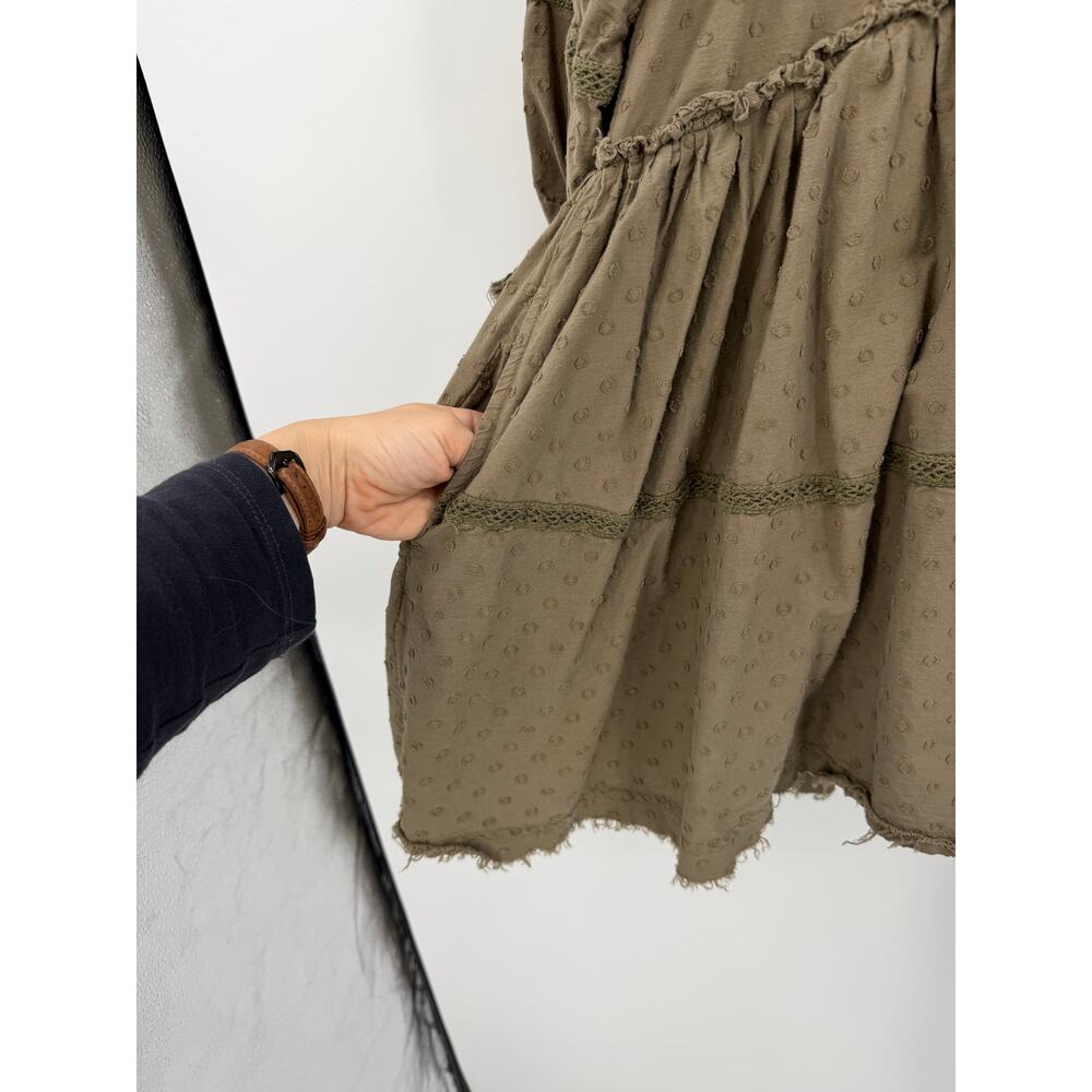 Pilcro Long Sleeve Mock Neck Swing Mini Dress Size L Rustic Olive Boho Eyelet - Picture 9 of 16